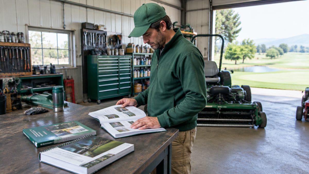 Greenkeeper consultando recursos de la GCSAA en el taller