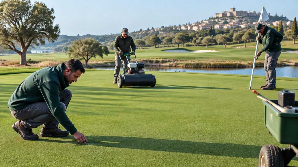 Equipo de mantenimiento aplicando ideas de la GCSAA en el green