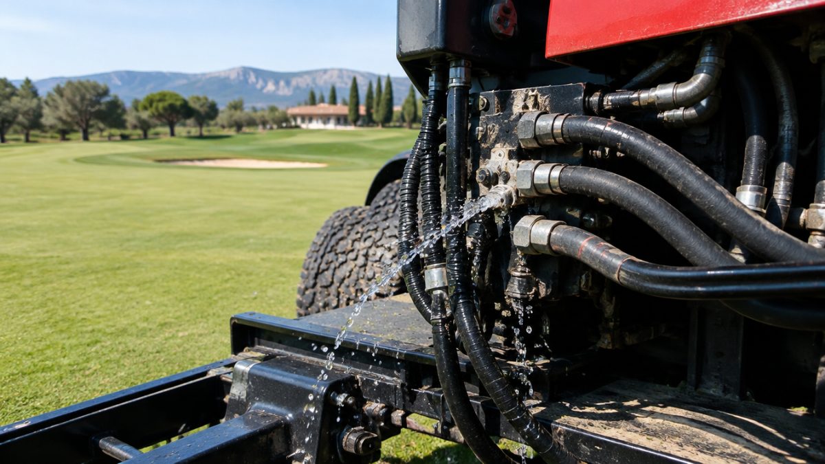 Manguera con fugas hidráulicas en la maquinaria de un campo de golf