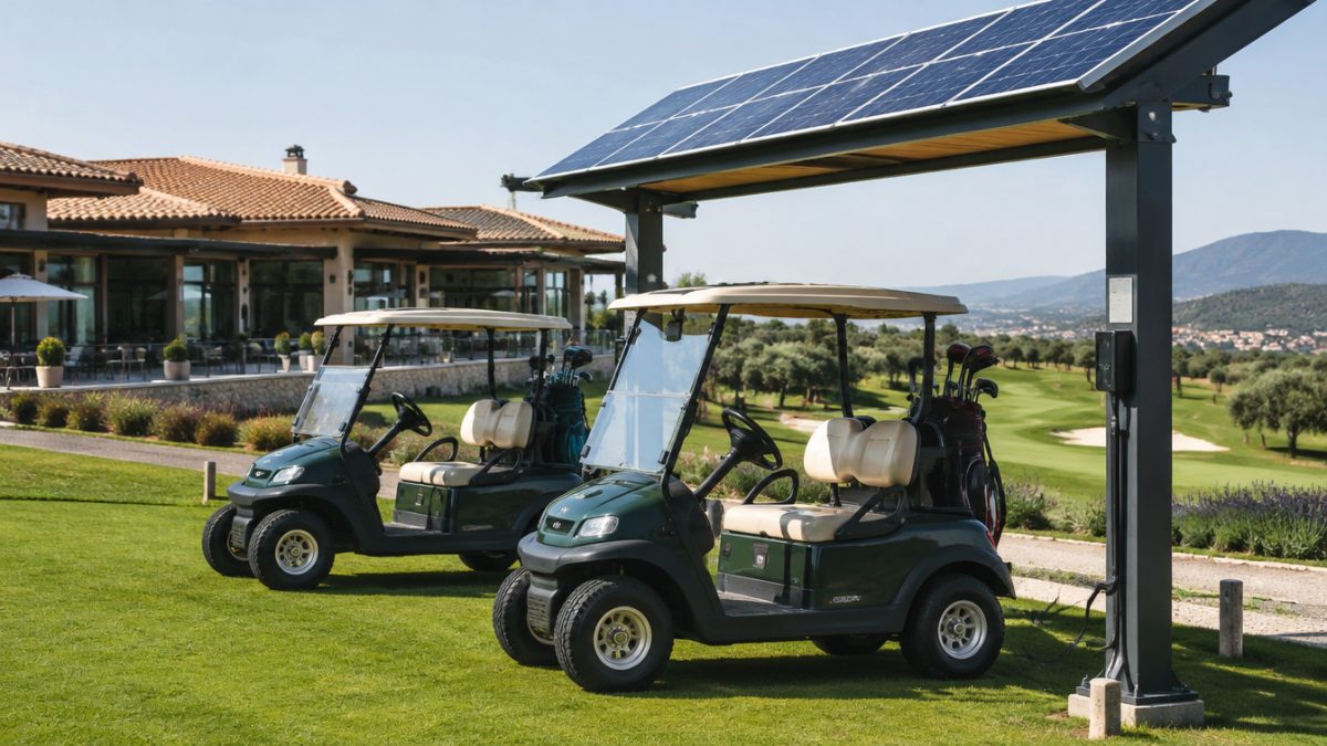 Buggies recargándose con energía solar en golf junto a la casa club