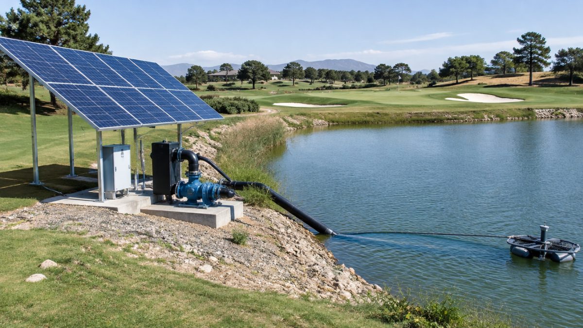 Bombeo de riego con energía solar en golf en un lago de regulación