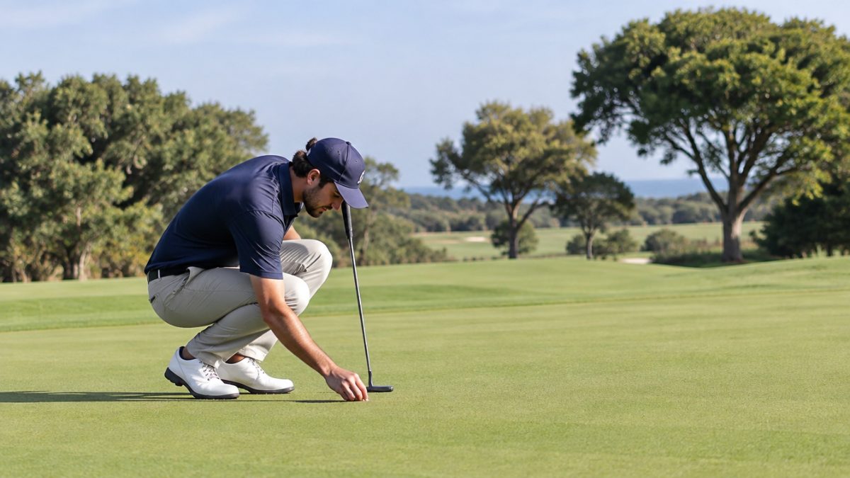 Player repairing a ball mark on the green according to etiquette rules