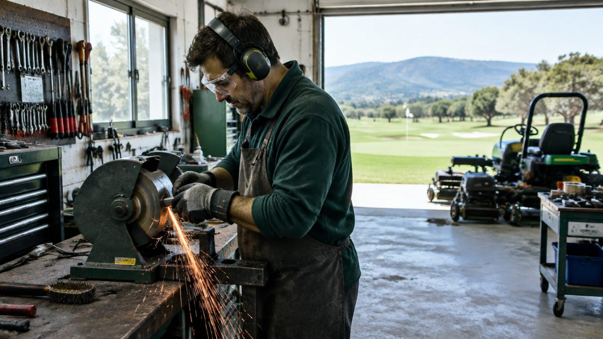Zona de afilado en un taller de greenkeeping con equipos de protección