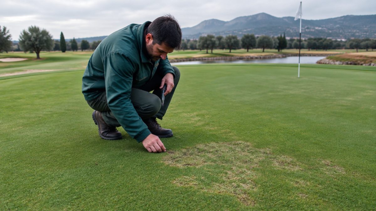Greenkeeper checking for Fusarium patch during the winter round