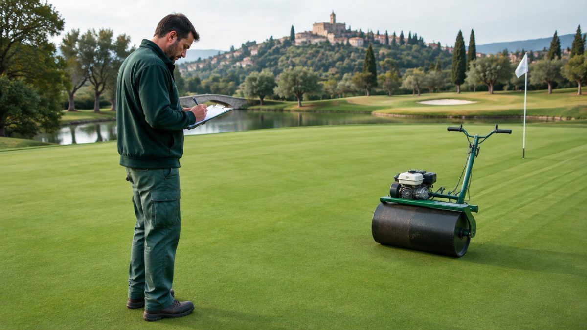Greenkeeper registrando el rodillado de greens en el parte de trabajo