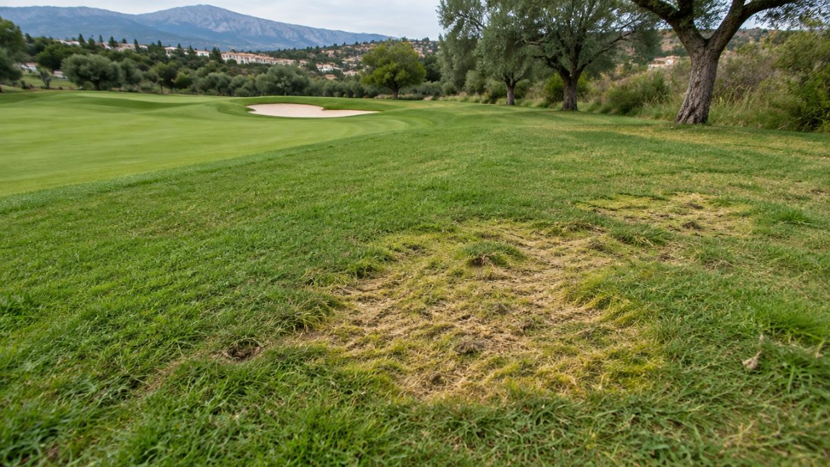 Zona amarillenta causada por típulas en el césped del rough