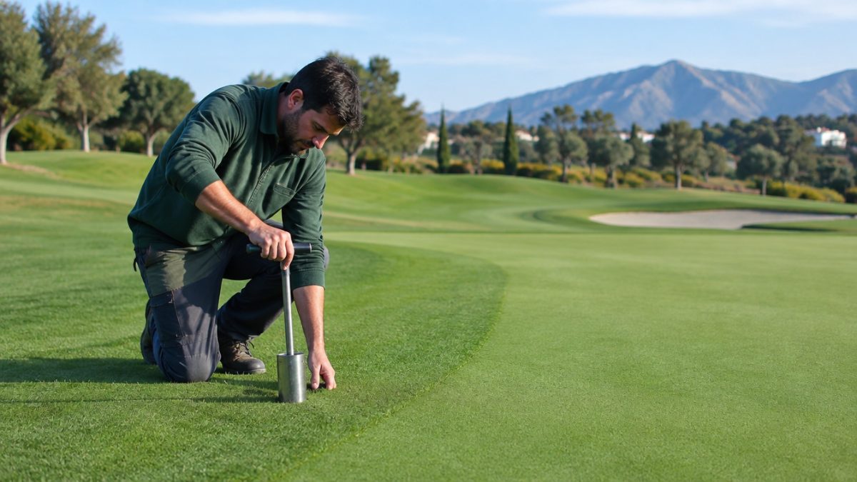 Greenkeeper revisando el collar de green con un sacabocados