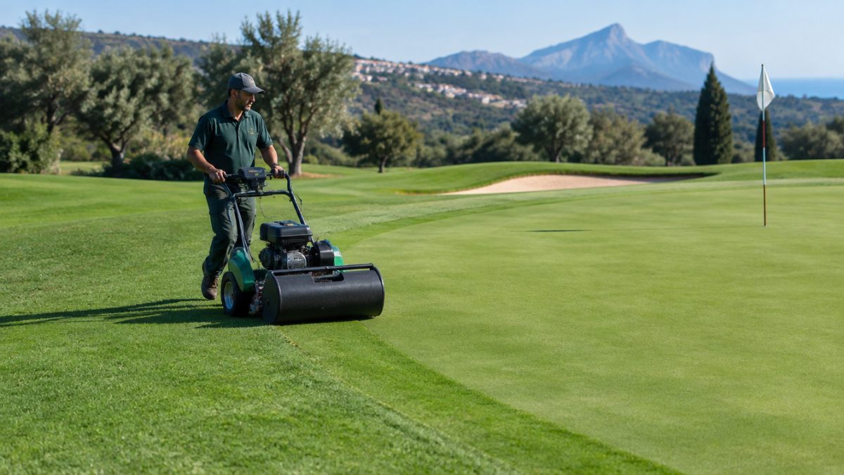 Segadora de greens girando junto al collar de green sin dañar el borde