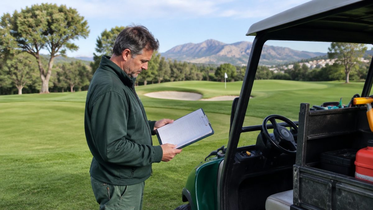 Greenkeeper revisando la hoja de vida en un renting de maquinaria de golf