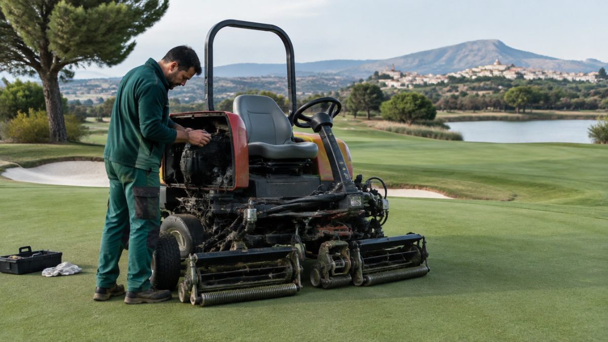 Operario siguiendo los procedimientos de trabajo en golf al preparar una segadora