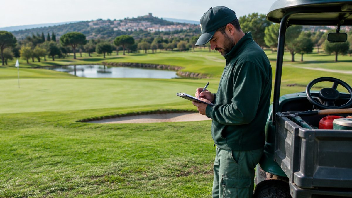 Greenkeeper anotando incidencias según los procedimientos de trabajo en golf