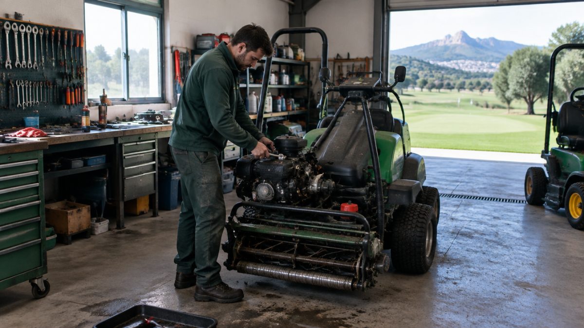 Mantenimiento de maquinaria en el taller, una de las tareas del greenkeeper en enero