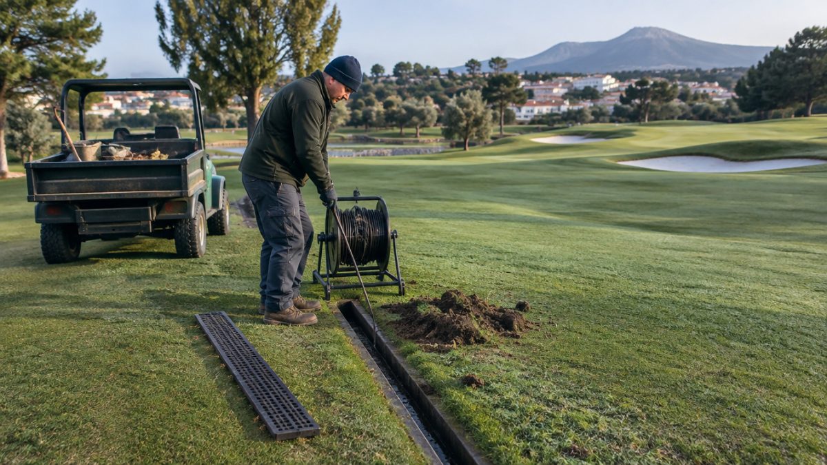 Limpieza de drenajes en una calle, entre las tareas del greenkeeper en enero