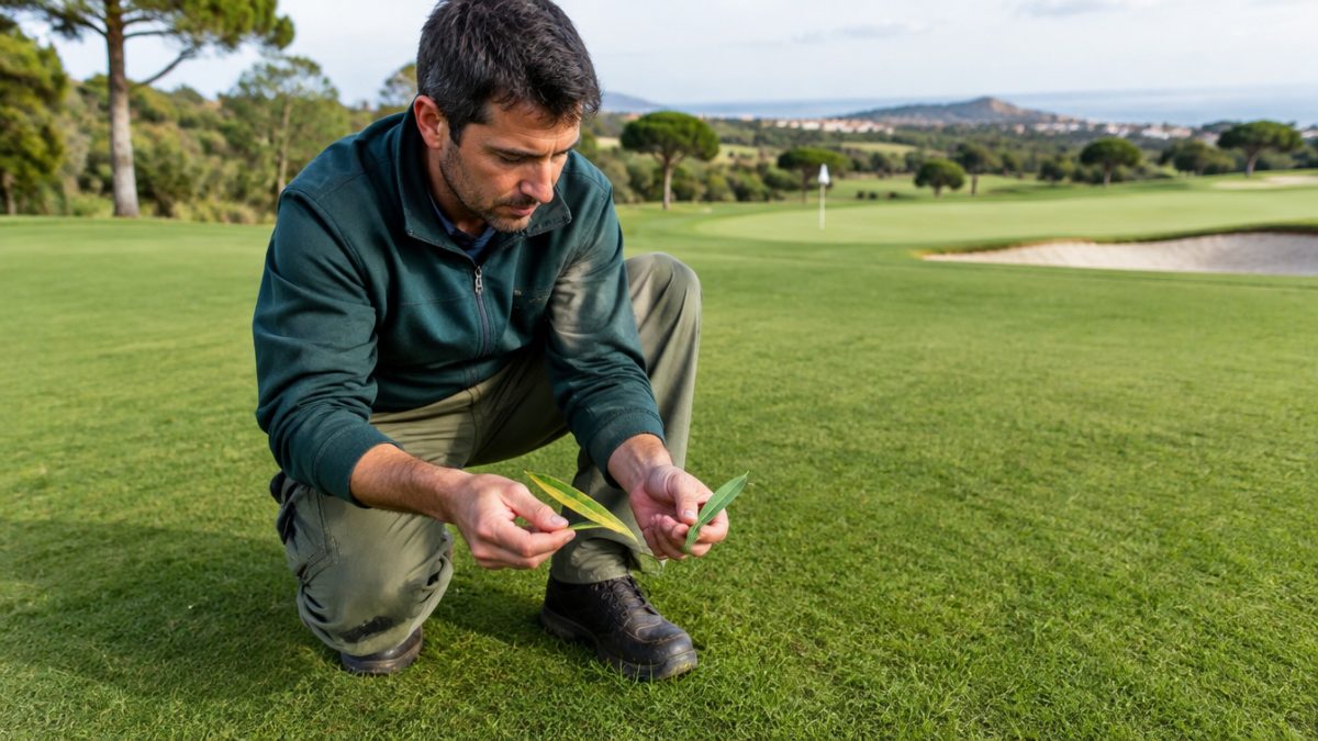 Greenkeeper comparing leaves with chlorosis in turf and healthy leaves