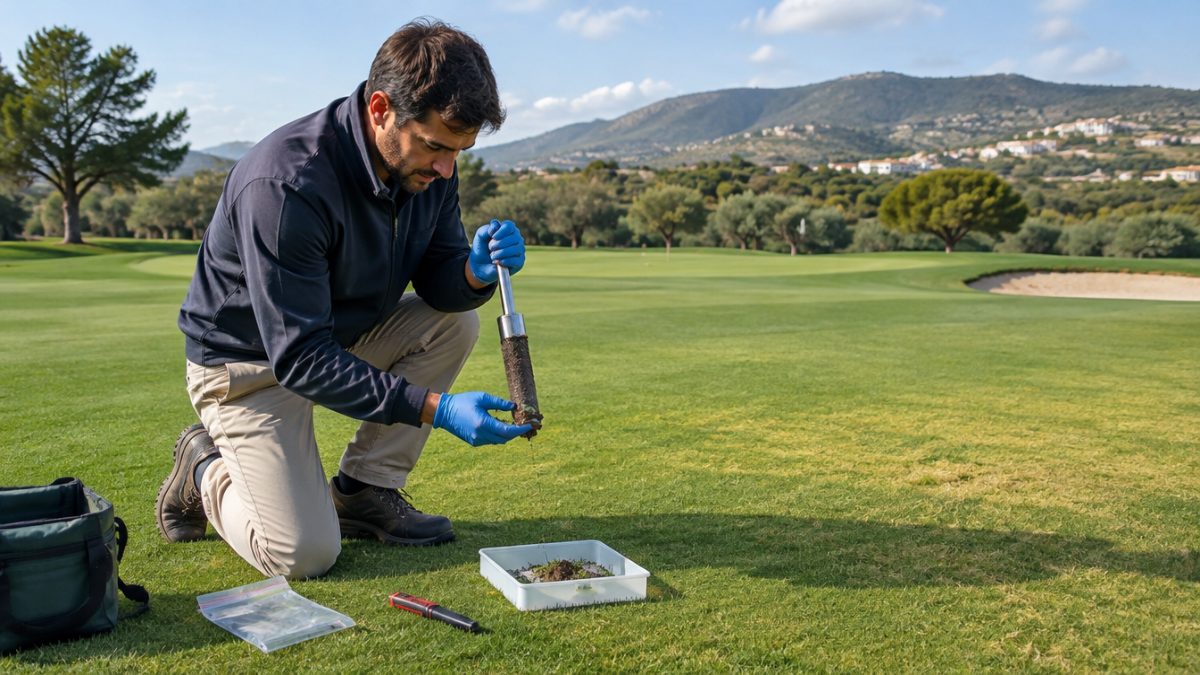 Taking a soil sample to diagnose chlorosis in turf