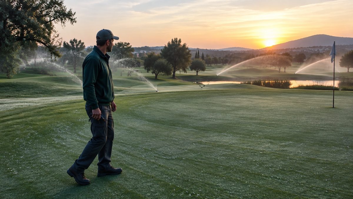 Greenkeeper revisando el campo al amanecer tras el riego nocturno