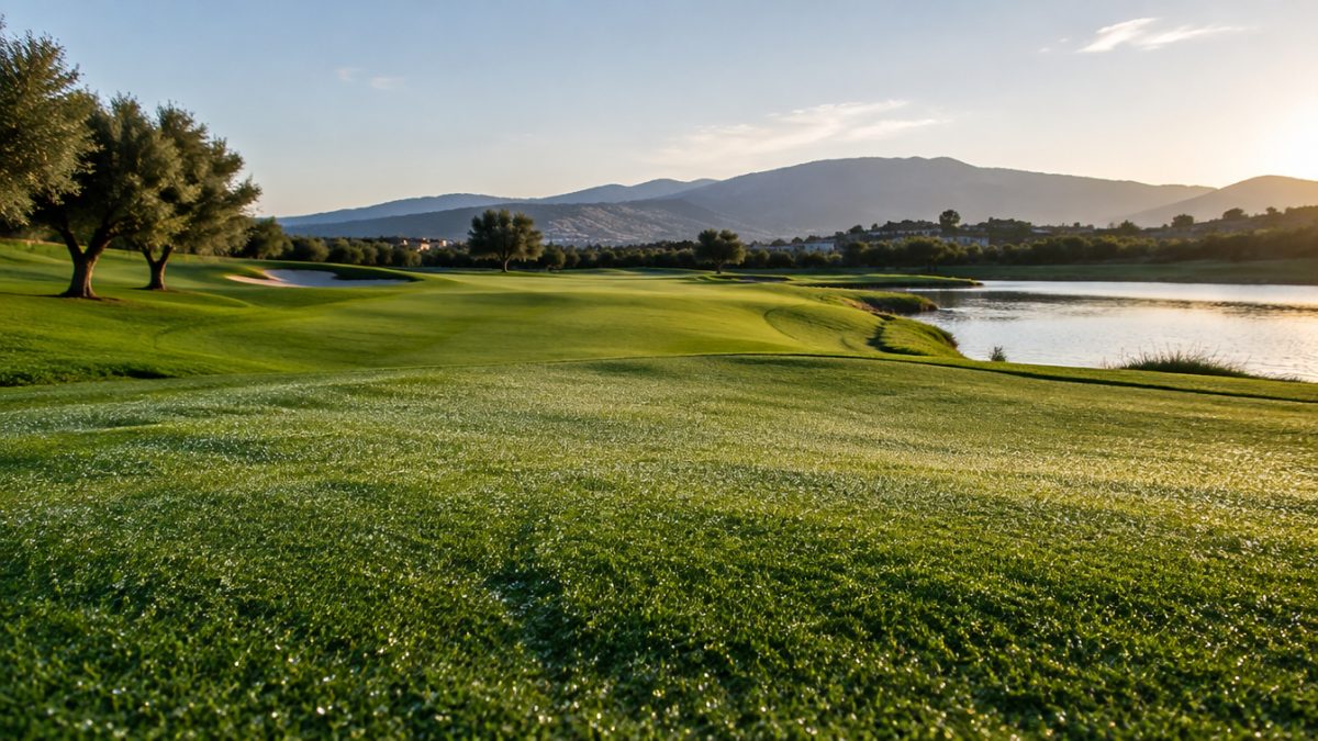 Calle de golf con gotas de agua tras el riego nocturno