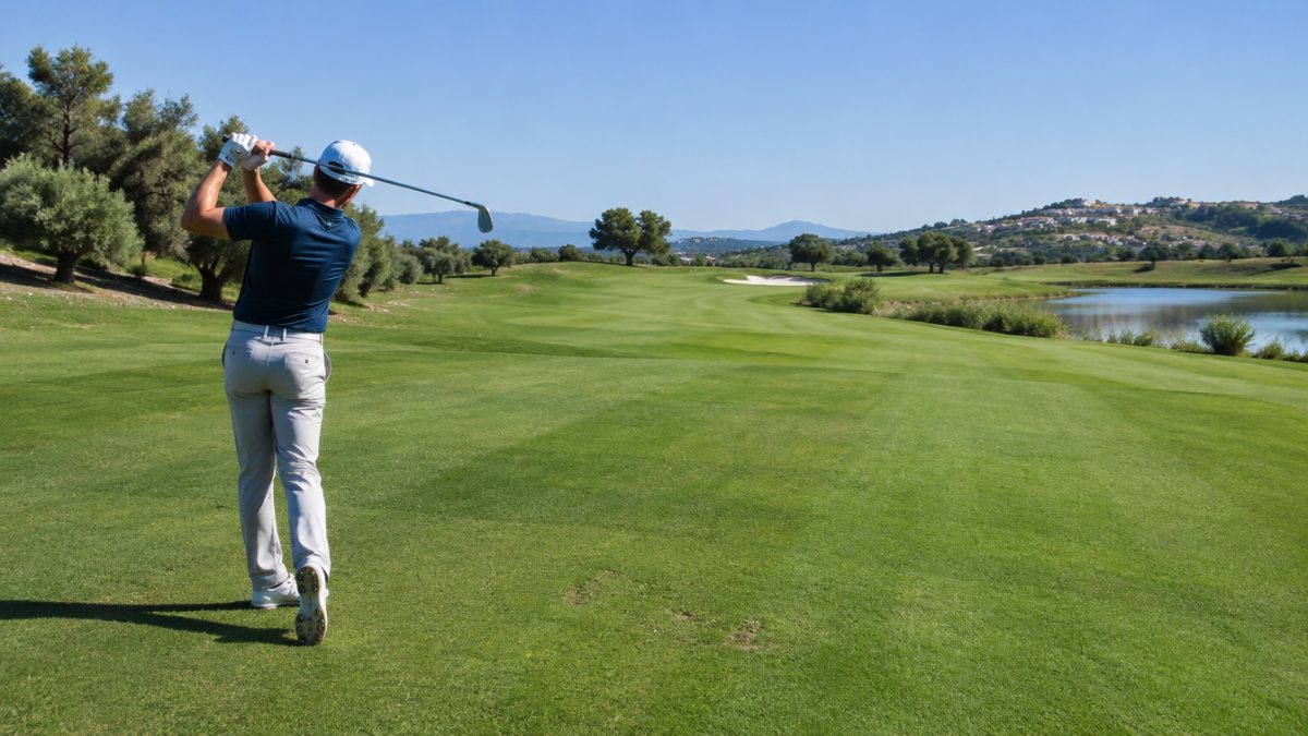 Calle de golf con divots en calles ya reparados y regados
