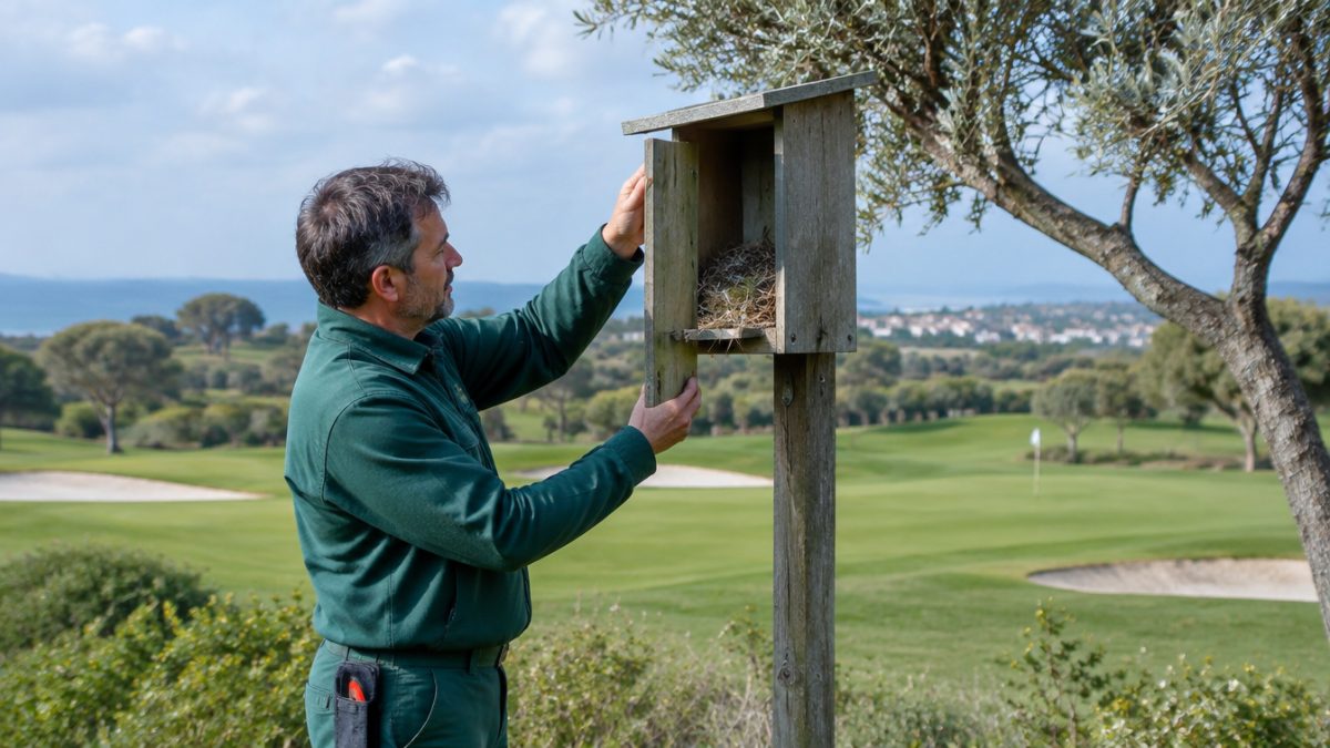 Greenkeeper revisando cajas nido en campos de golf tras la época de cría
