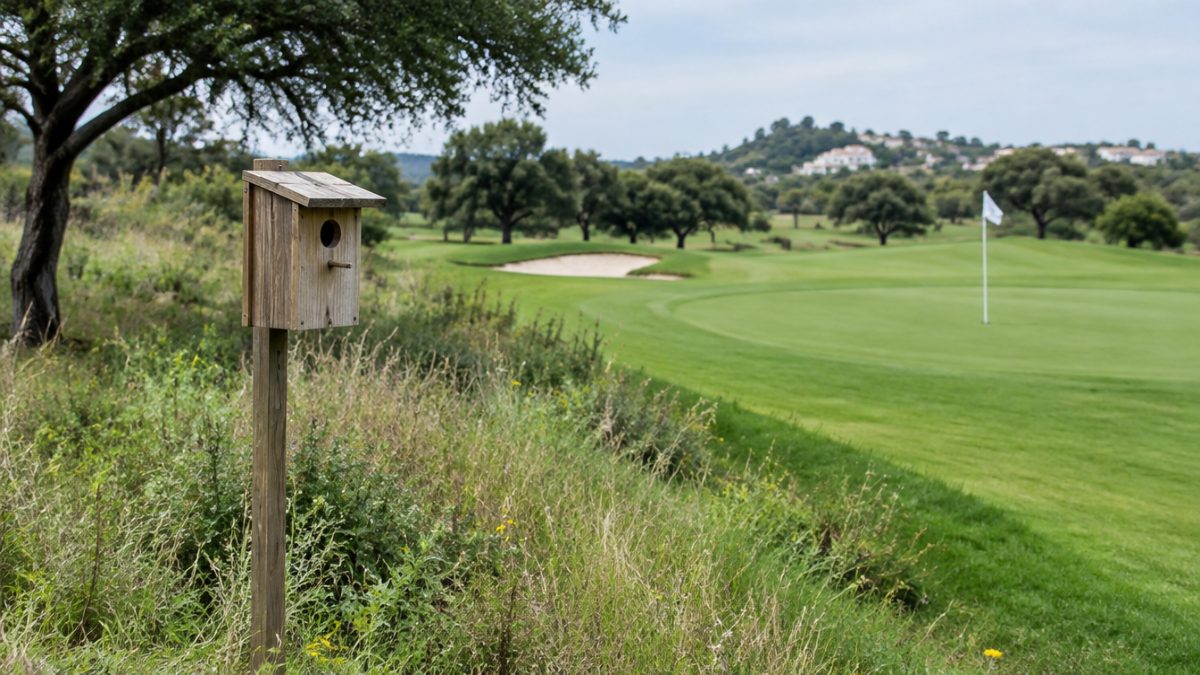 Caja de madera para cajas nido en campos de golf colocada junto al rough