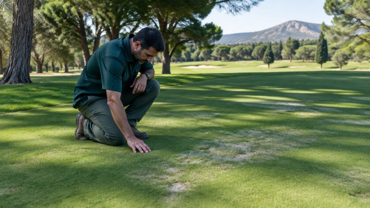 Greenkeeper revisando césped en sombra con zonas aclaradas