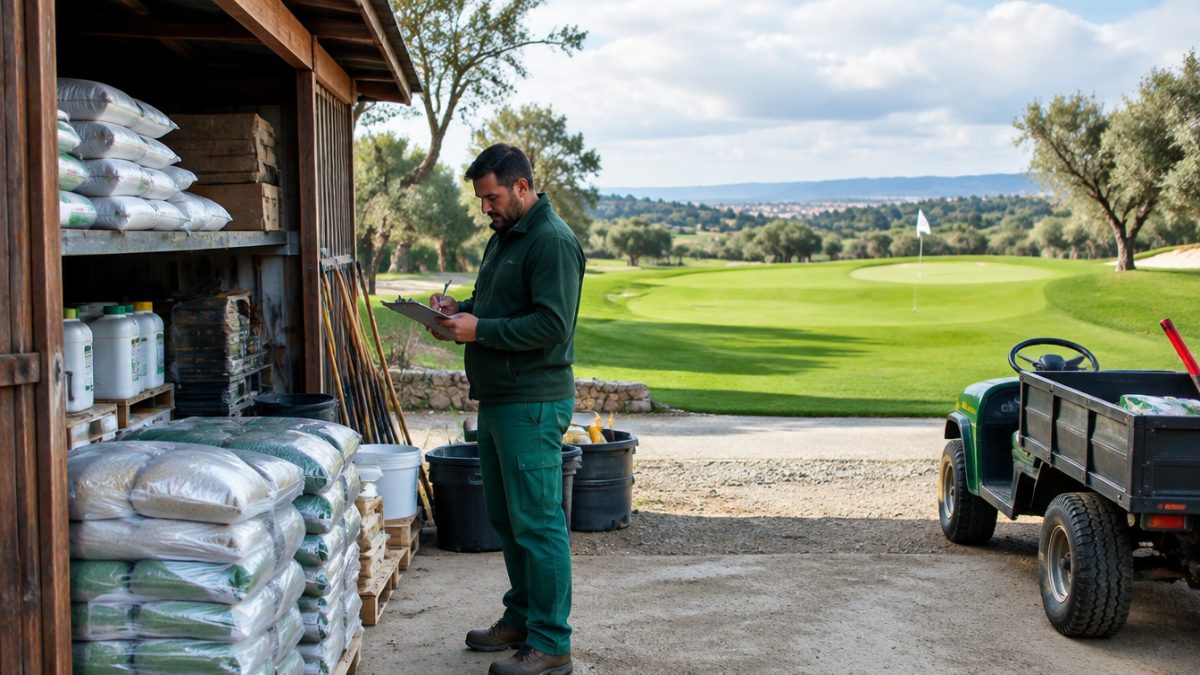 Greenkeeper contando existencias en el inventario de materiales de campo