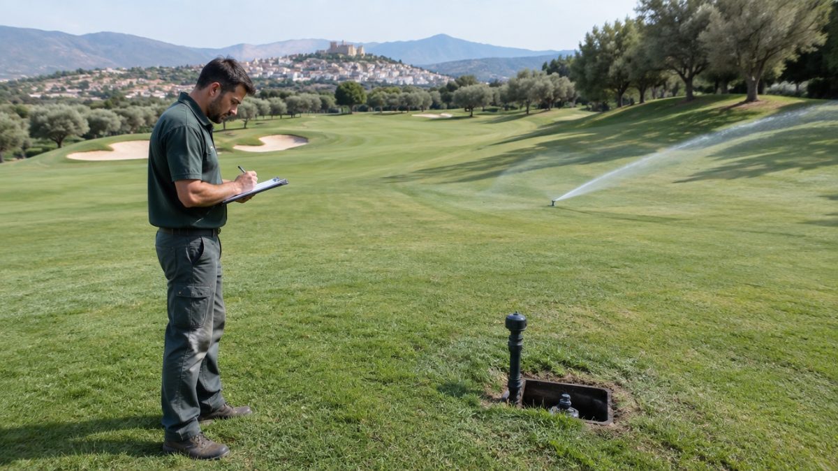 Greenkeeper anotando datos de la auditoría de riego en un sector de calle