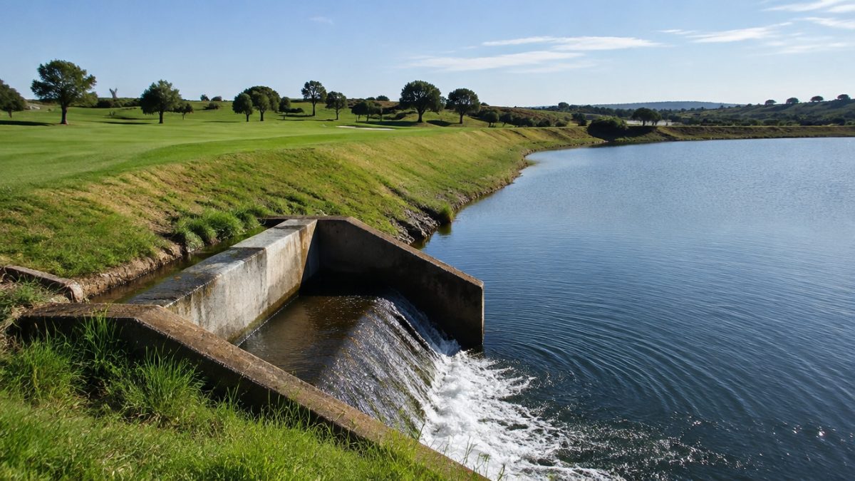 Bank and spillway of one of the course's irrigation reservoirs