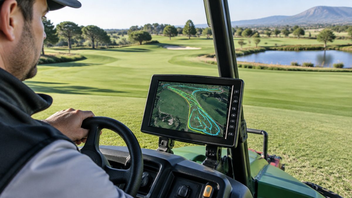 Pantalla con rutas registradas por GPS en maquinaria de golf