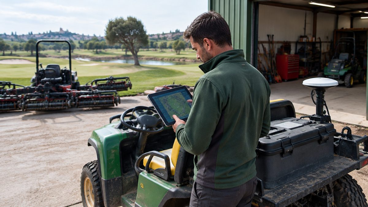 Greenkeeper revisando datos de GPS en maquinaria de golf junto al taller