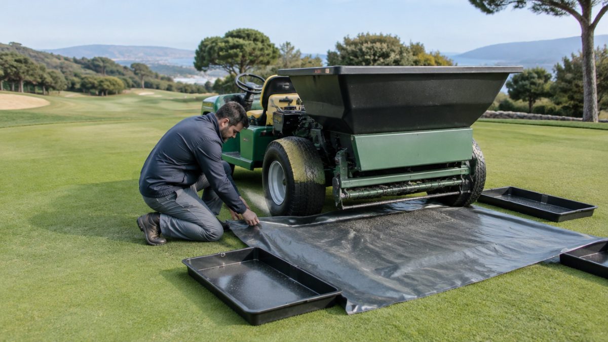Calibrado del topdresser con lona y bandejas de recogida
