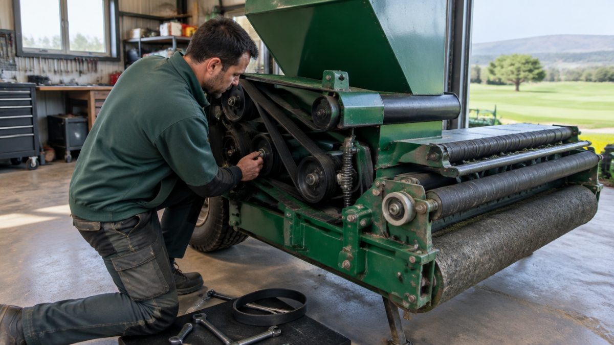 Mantenimiento de cintas y rodillos de un topdresser en el taller