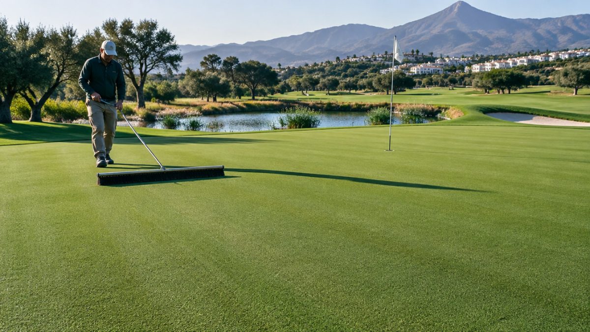 Green de golf tras el recebo de greens y el cepillado