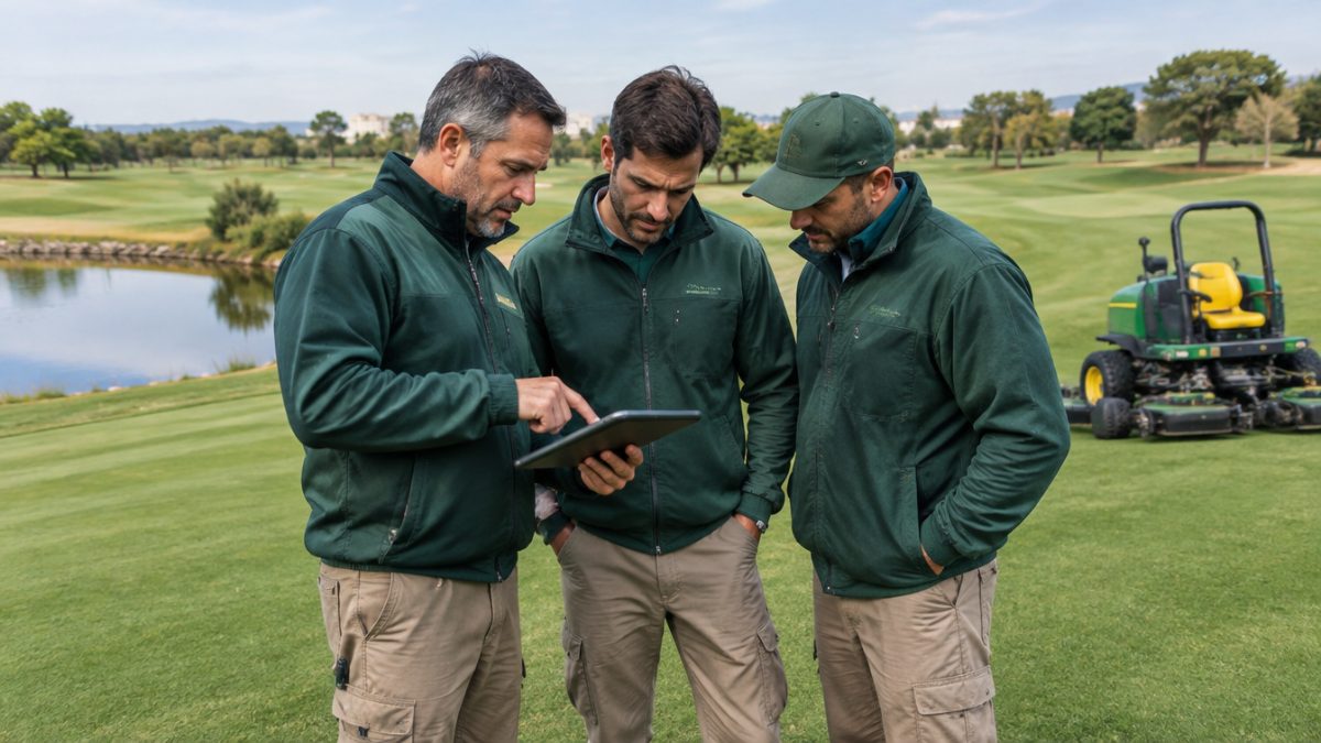 Equipo de campo comentando un parte de trabajo de un CMMS para campos de golf