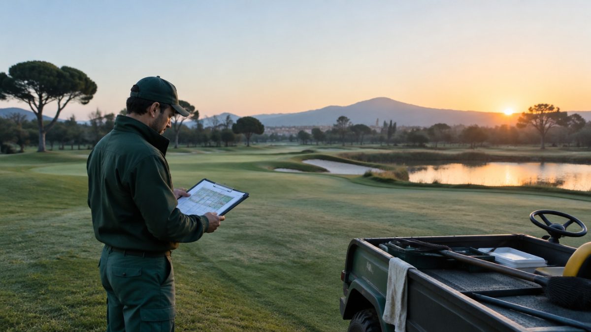 Greenkeeper repasando la planificación diaria del greenkeeper al amanecer en el campo