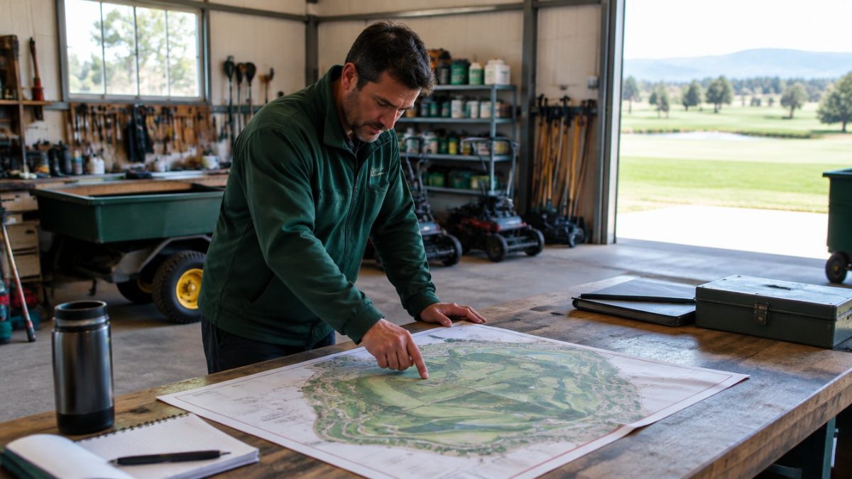 Greenkeeper consultando el plan de contingencia del campo en el taller