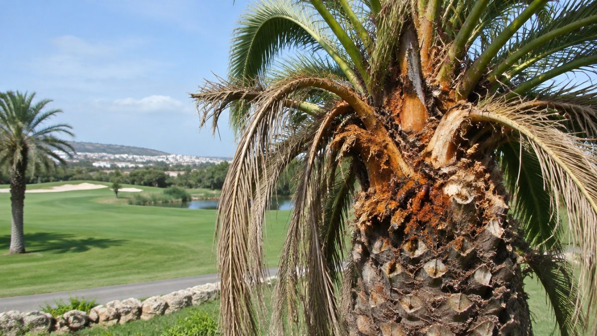 Symptoms of red palm weevil in a palm next to a fairway