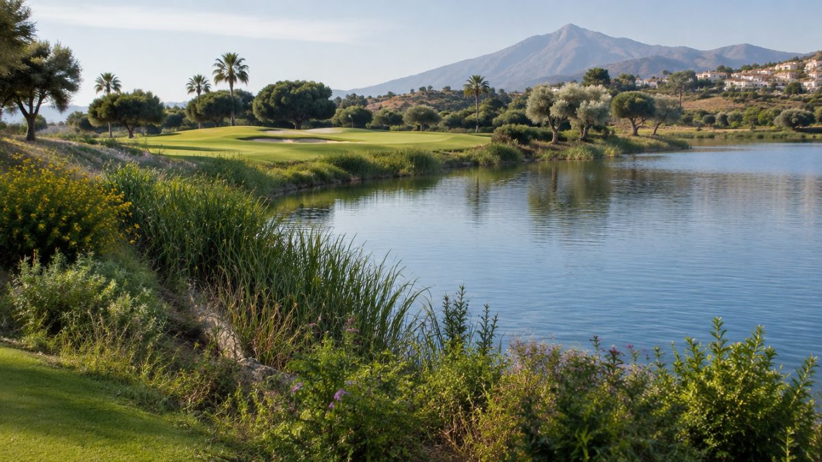 Orilla vegetada en taludes de lagos de golf