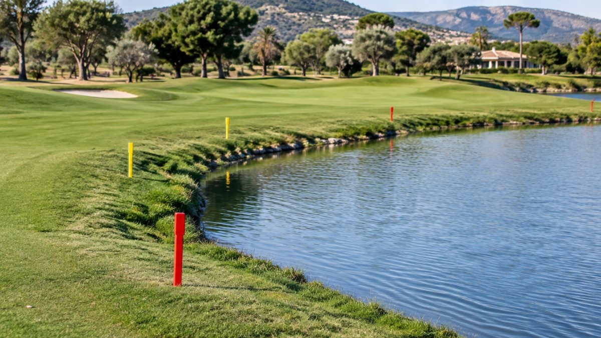 Estacas de colores en el marcado del campo de golf