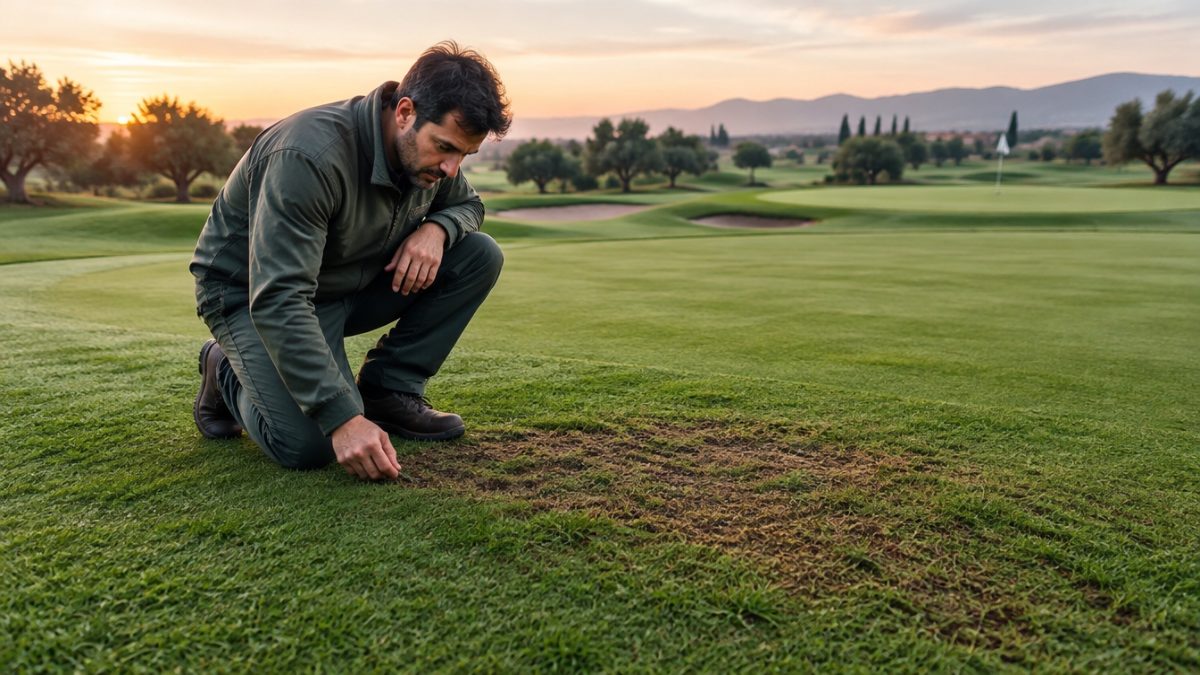 Greenkeeper inspeccionando la mancha marrón del césped al amanecer