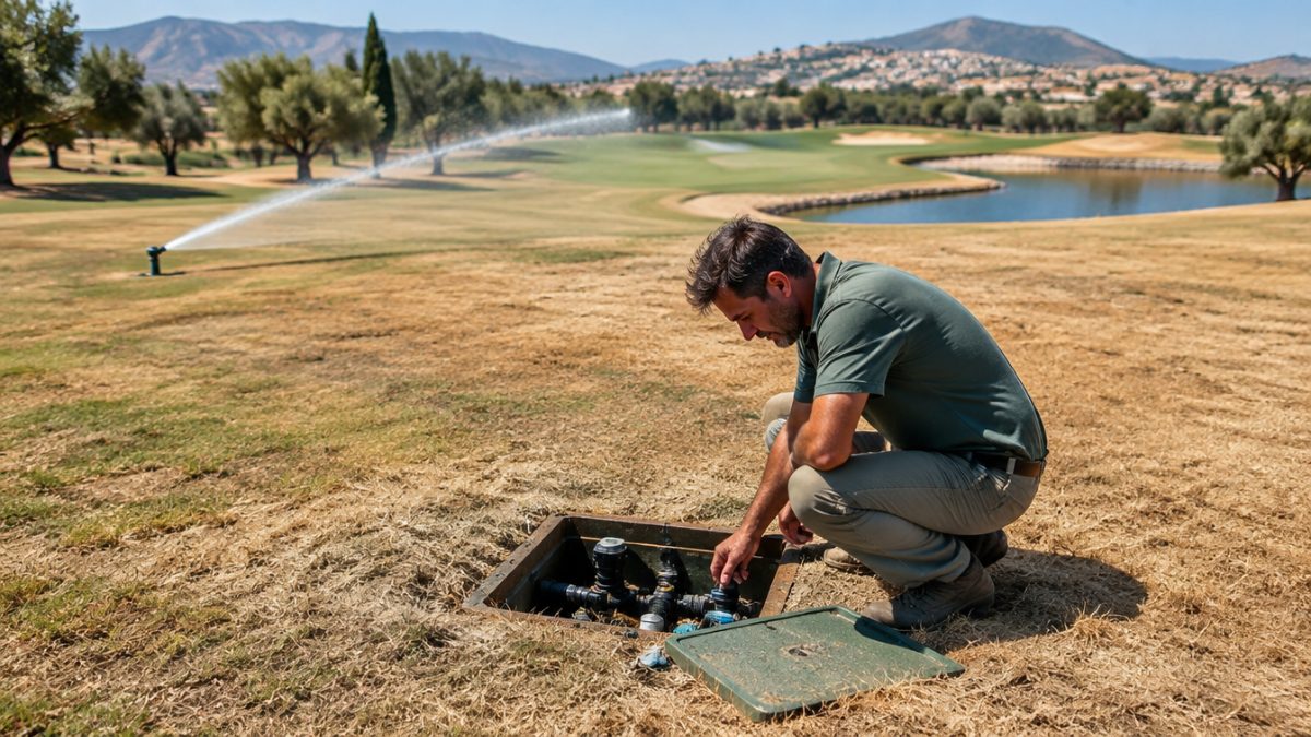 Greenkeeper revisando el riego por la sequía en campos de golf