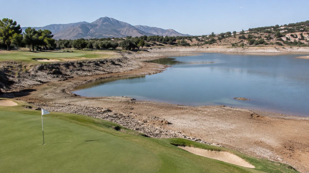 Balsa con poca agua en una sequía en campos de golf