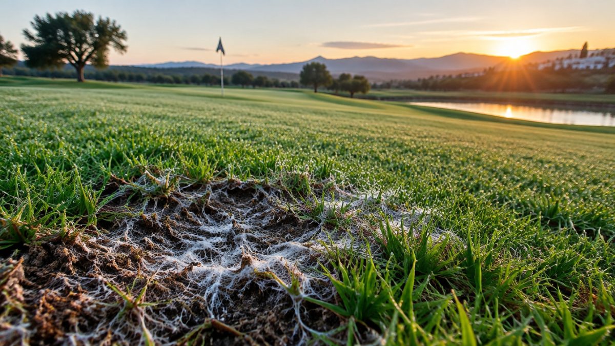 Micelio algodonoso por Pythium en césped al amanecer
