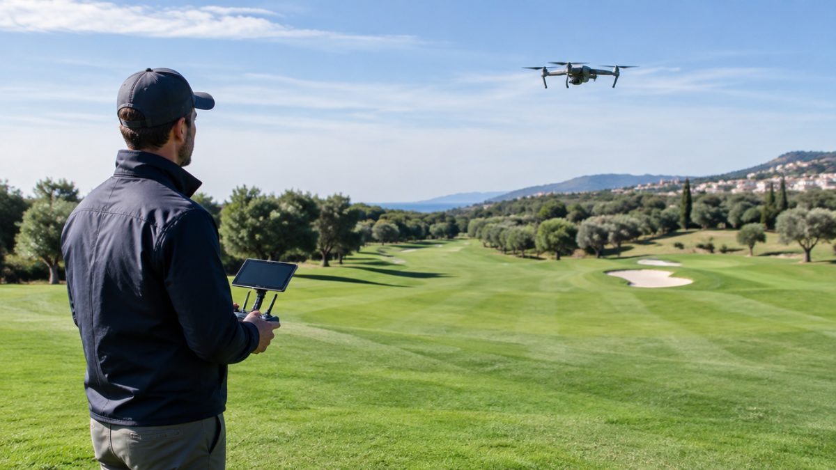 Operator with a drone inspecting fairways, a use of drones on golf courses