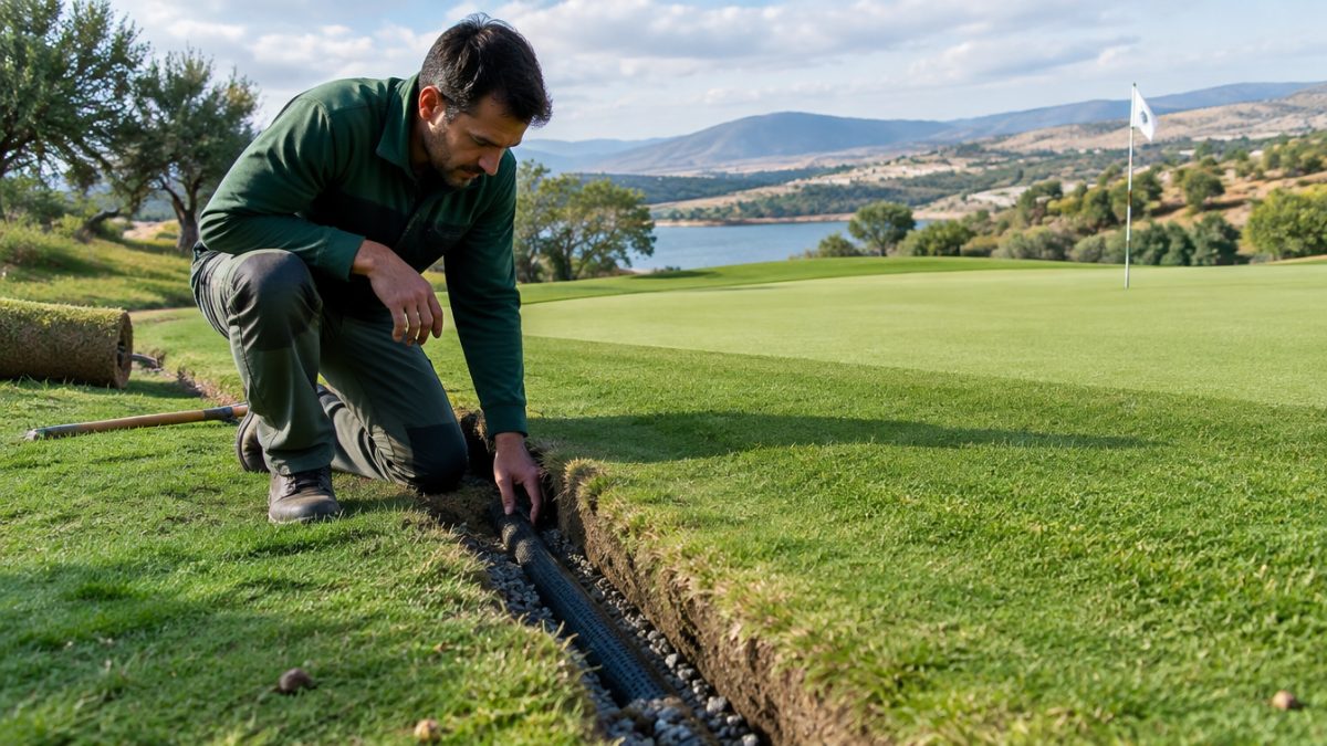 Greenkeeper revisando el drenaje ante el cambio climático en golf