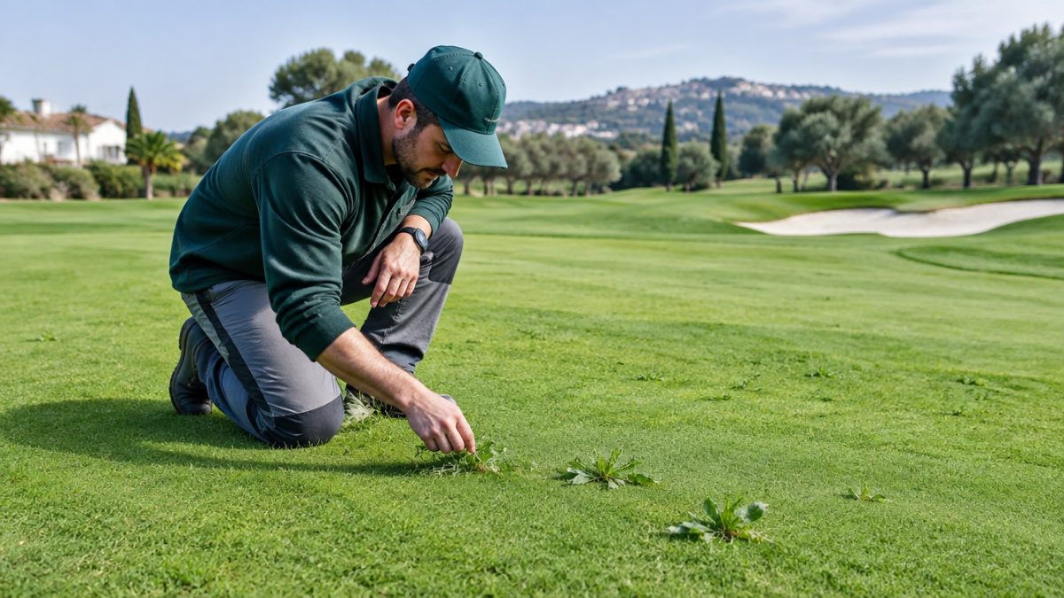 Identificación de malas hierbas en el césped por un greenkeeper