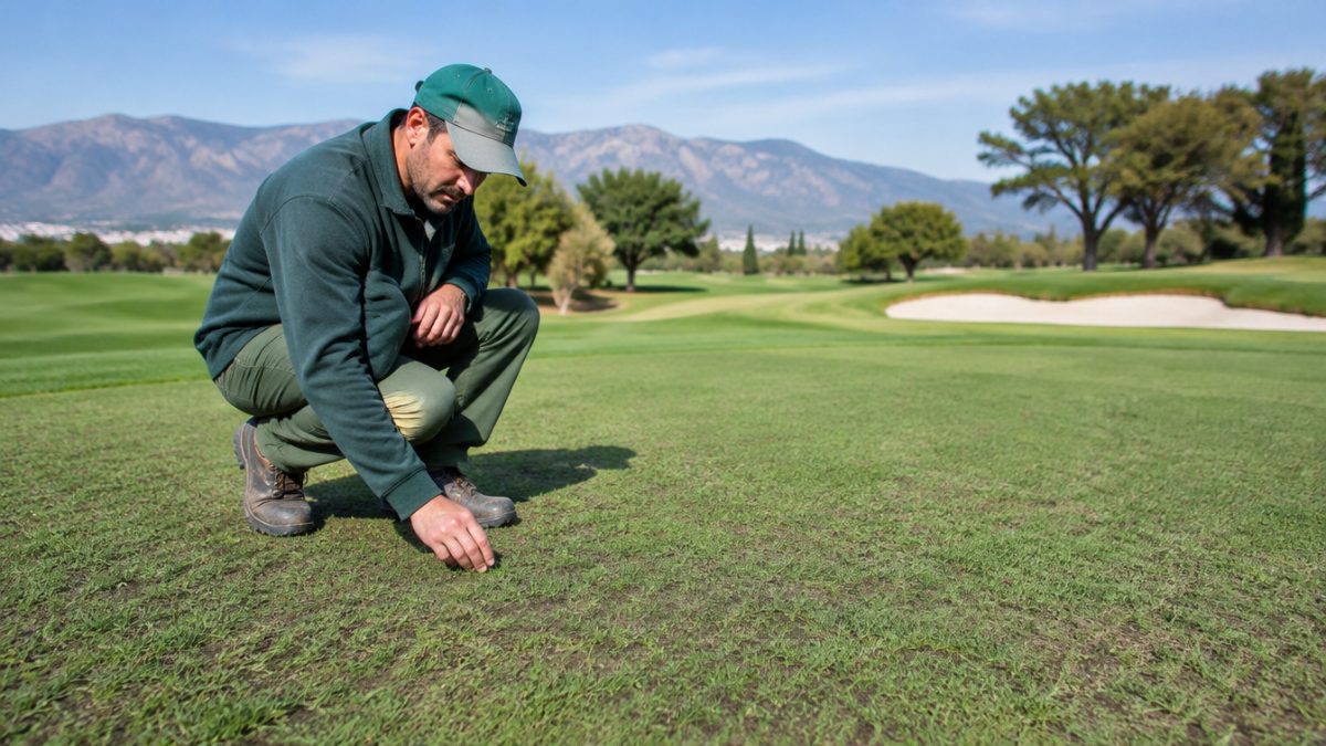 Greenkeeper revisando la nascencia del overseeding en bermuda