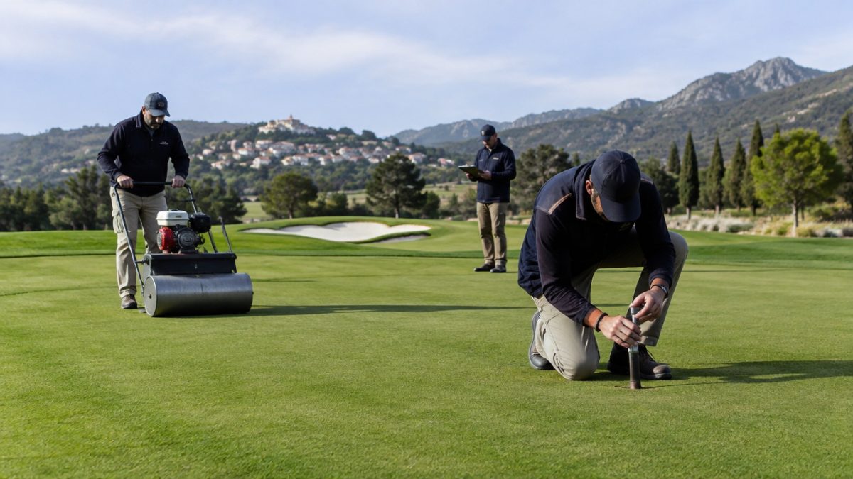 Equipo de mantenimiento aplicando criterios de la USGA Green Section en el campo