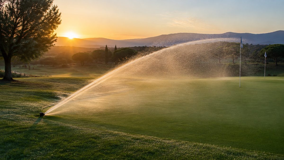 Aspersor funcionando al amanecer, ejemplo de evapotranspiración en golf
