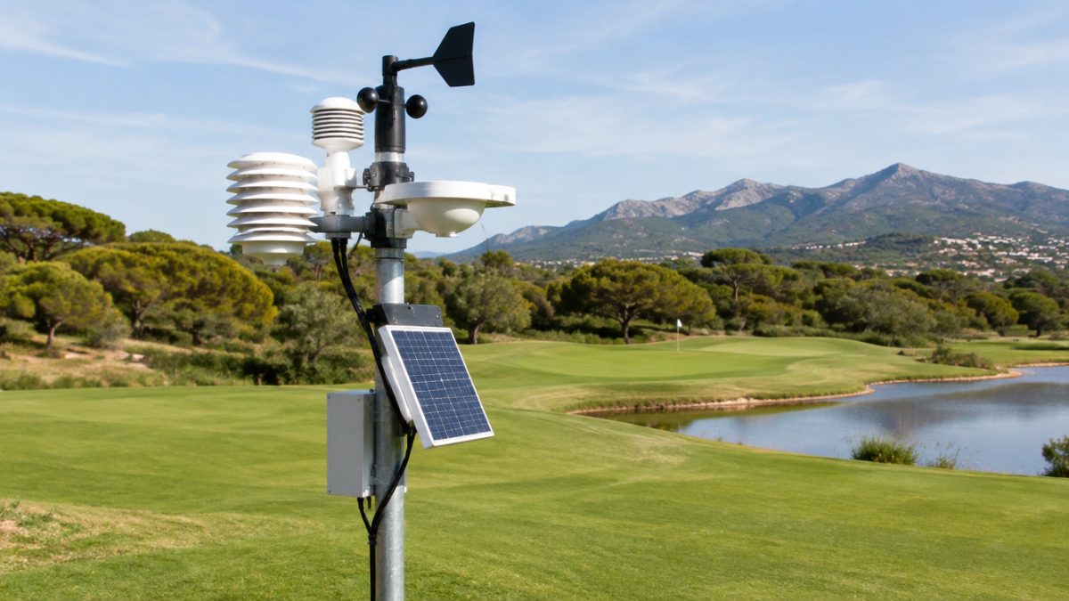 Estación meteorológica de un campo de golf que registra la evapotranspiración